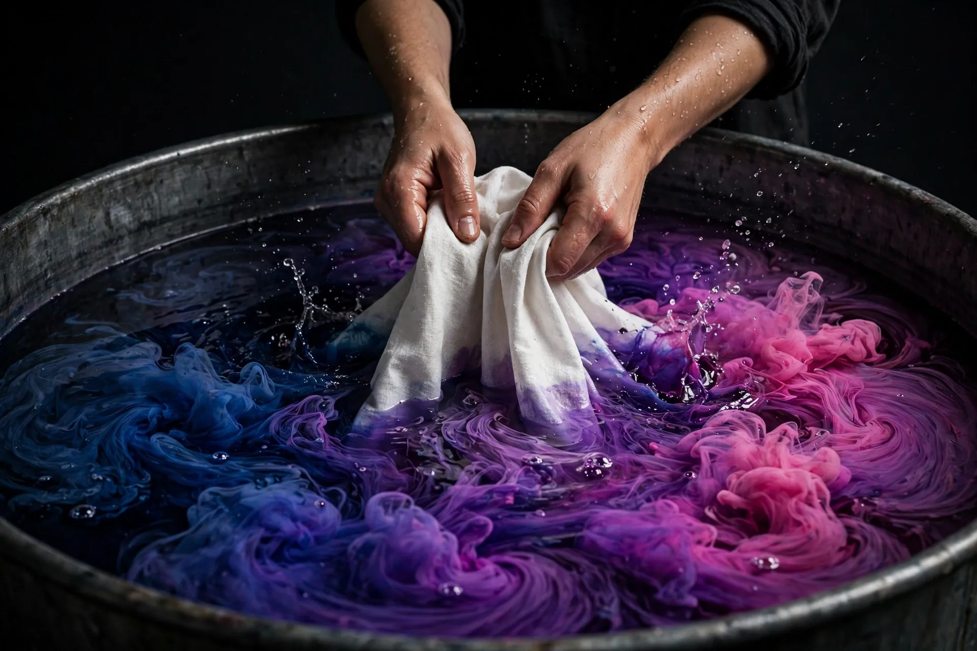 Hands lowering white fabric into a large vat of indigo, violet and magenta dye